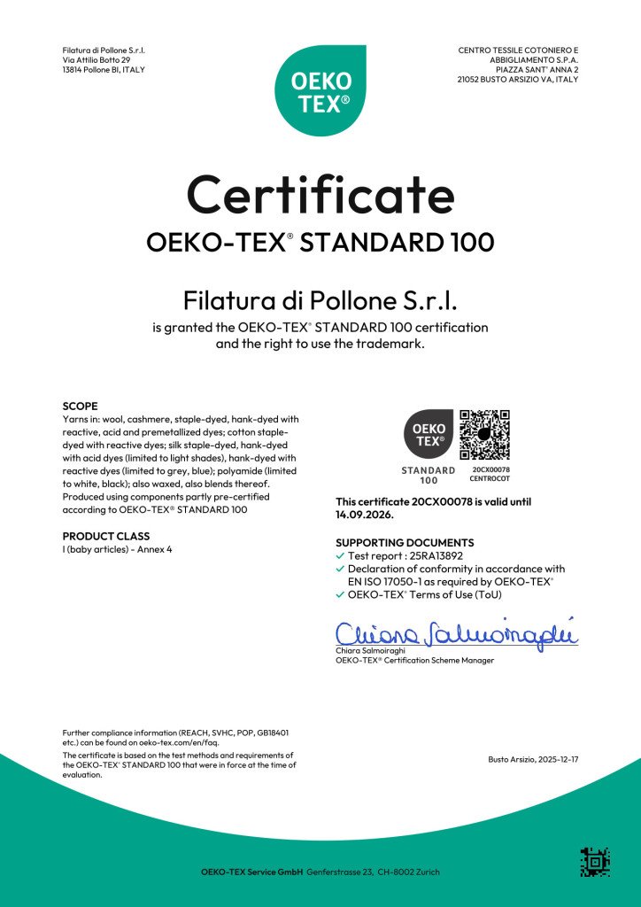 OEKO-TEX Standard 100 certificate confirming safe yarns made of wool, cashmere, cotton and silk