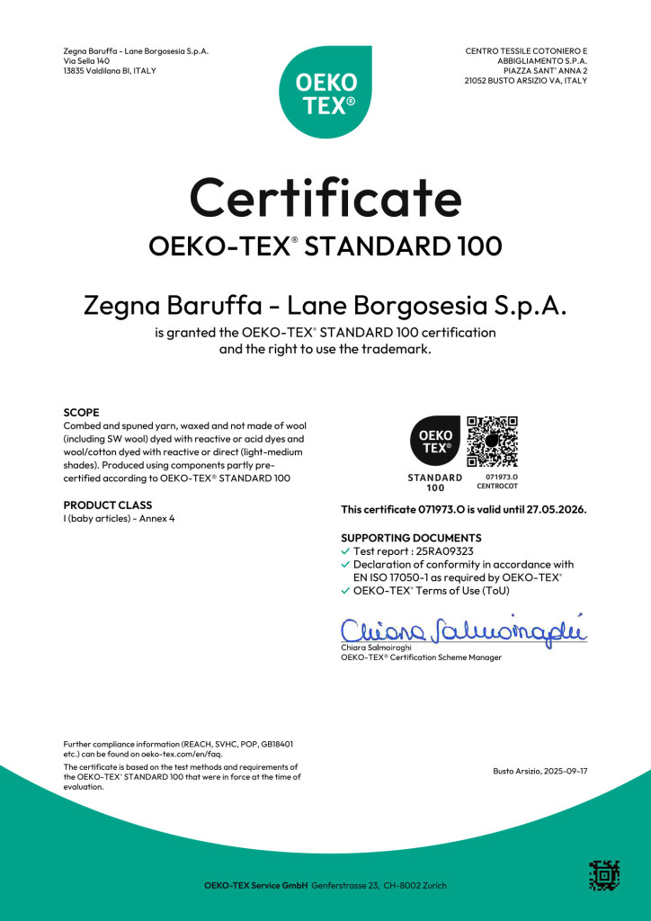 OEKO-TEX Standard 100 certificate confirming safe wool yarns by Zegna Baruffa