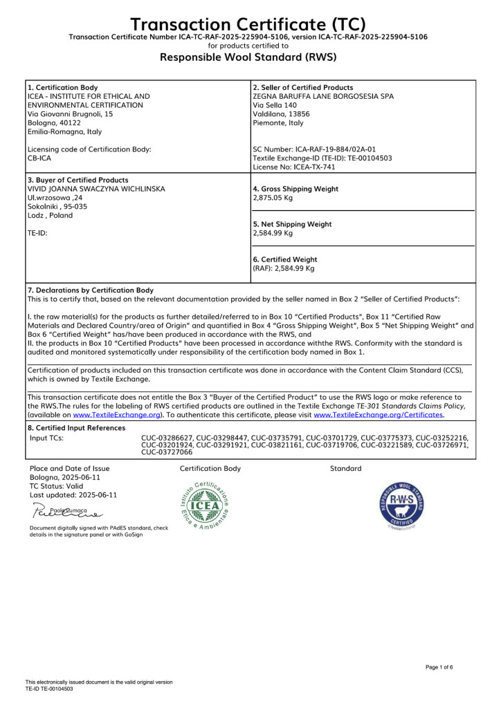 certificate confirming certified wool supply chain of Responsible Wool Standard (RWS)