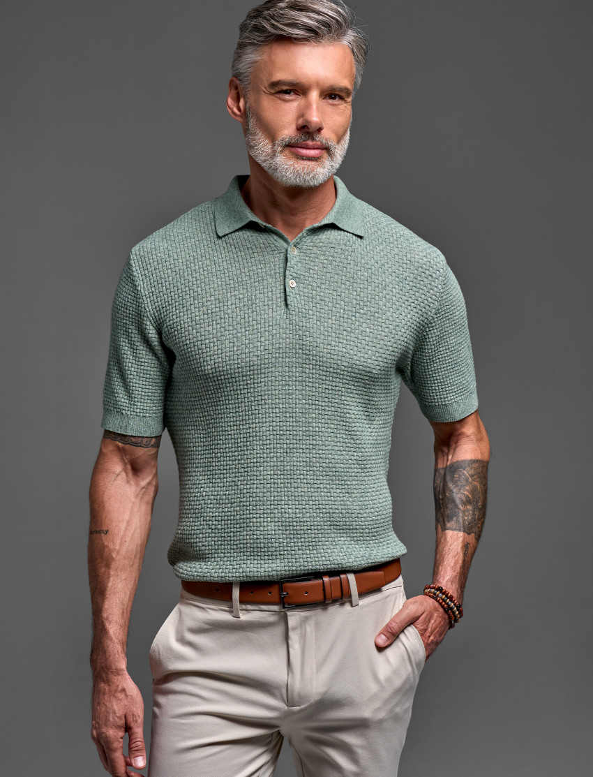 Men’s Waffle Knit Polo – Cotton Cashmere Blend