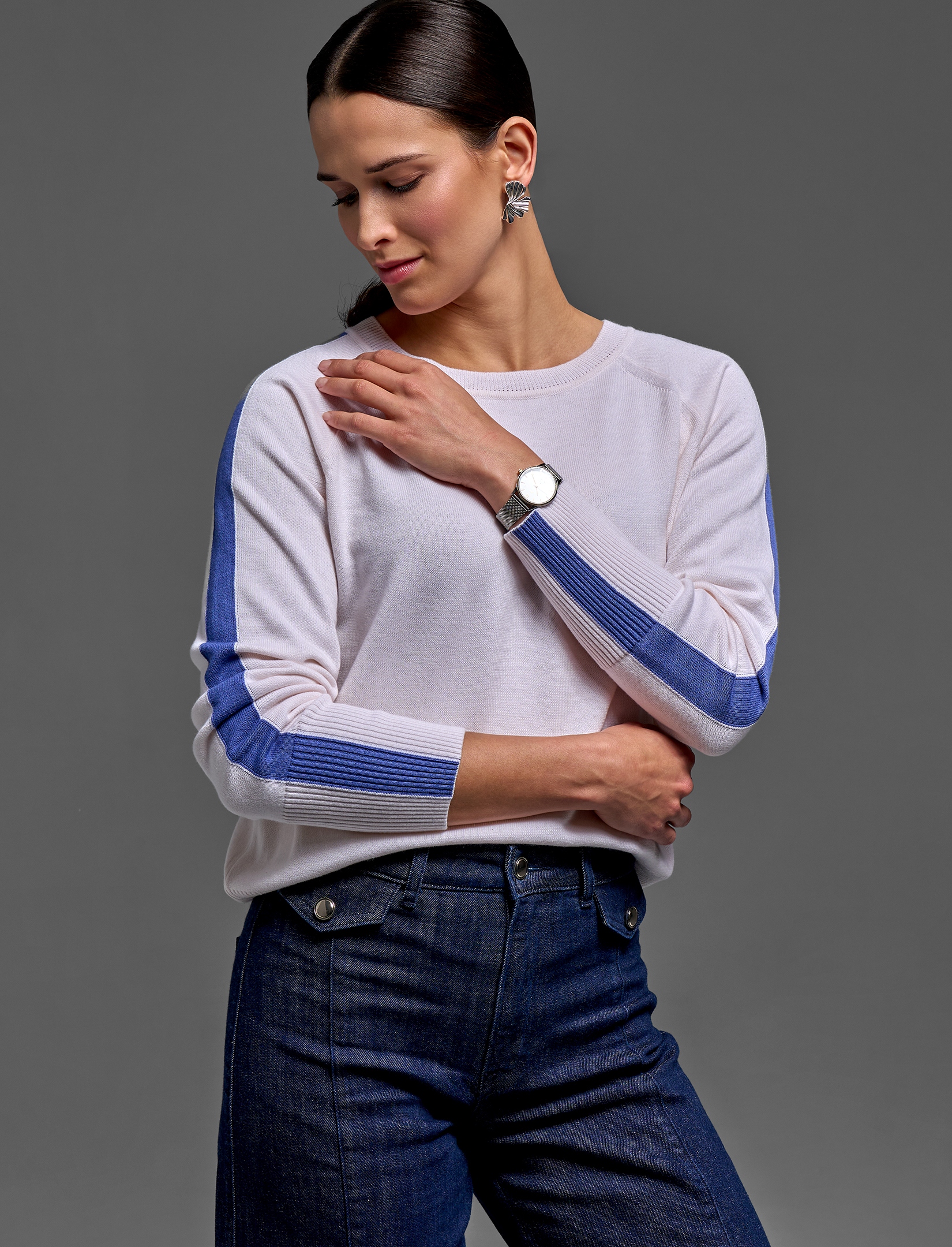 Women’s Crew Neck Sweater with Sporty Stripes – Cotton Cashmere Blend